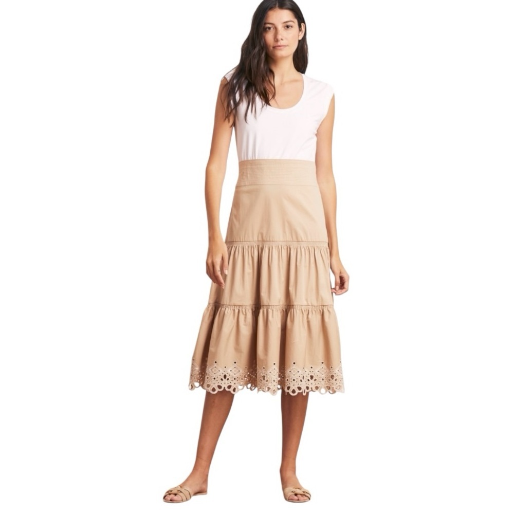 Veronica Beard Jeans Amaia Tiered Eyelet White Tan Combo Midi Dress Medium
